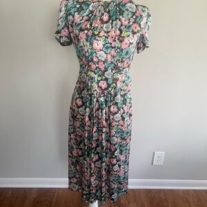 Marc Jacobs Pink and Green Floral Midi Dress with Waist Tie